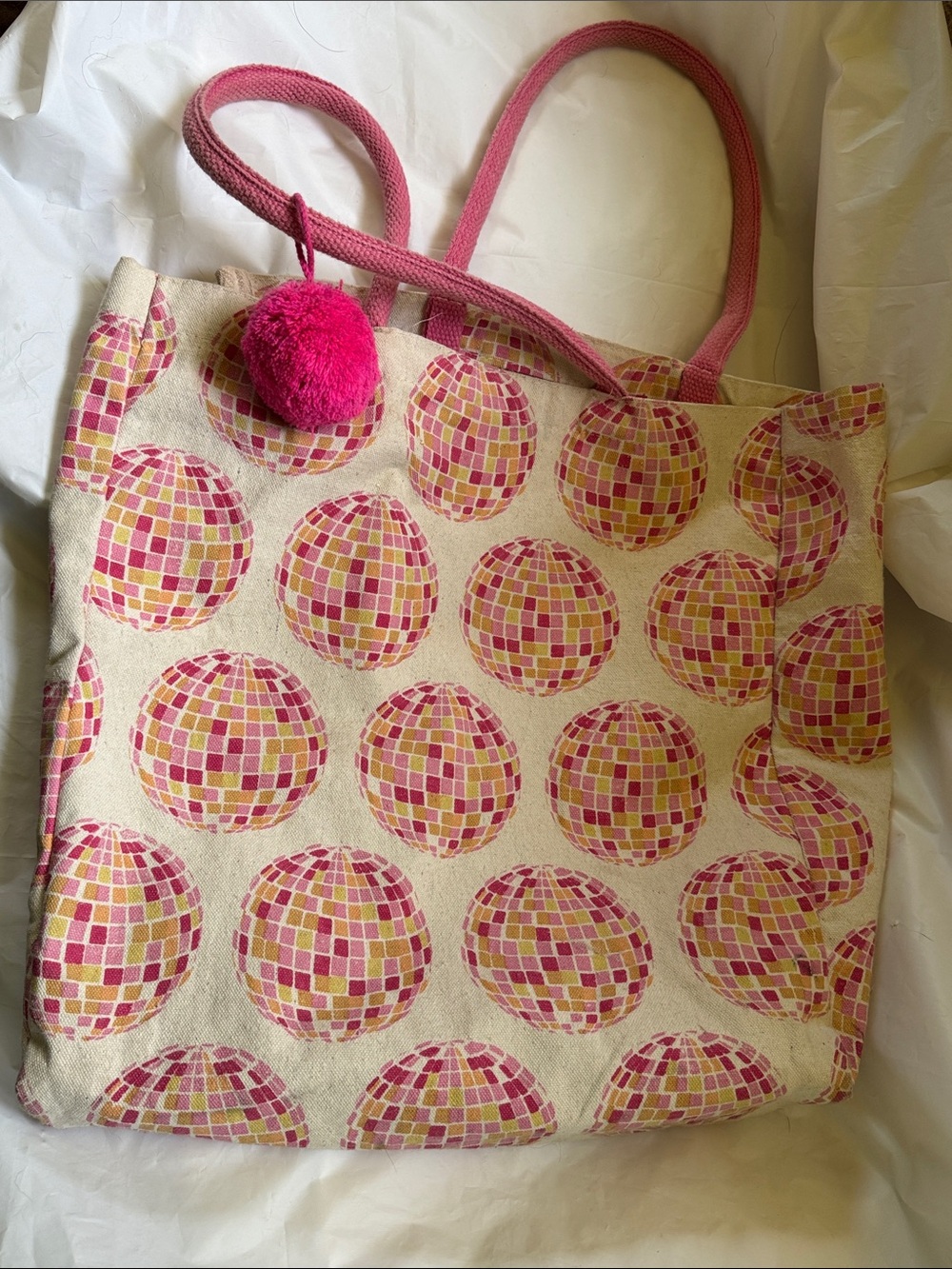 Pink Mosaic Disco Ball Canvas Tote Bag with Pom Accent - Picture 4 of 6